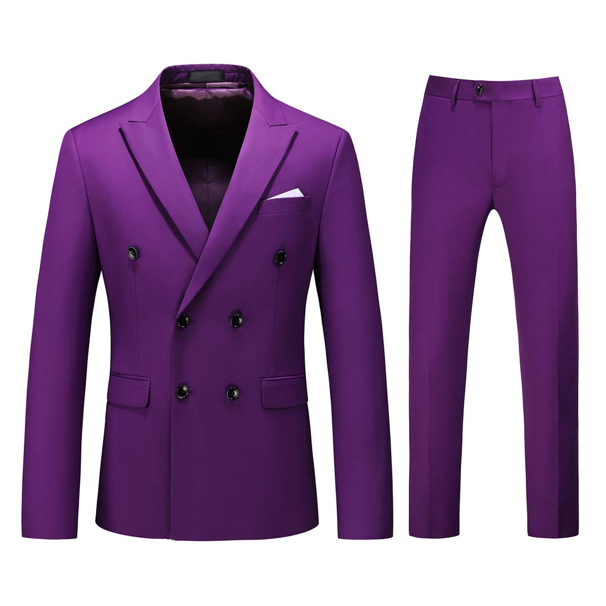 YFFUSHI Mens 2 Piece Dress Suits Double Breasted Solid Formal Casual Tuxedo Trousers Set Purple