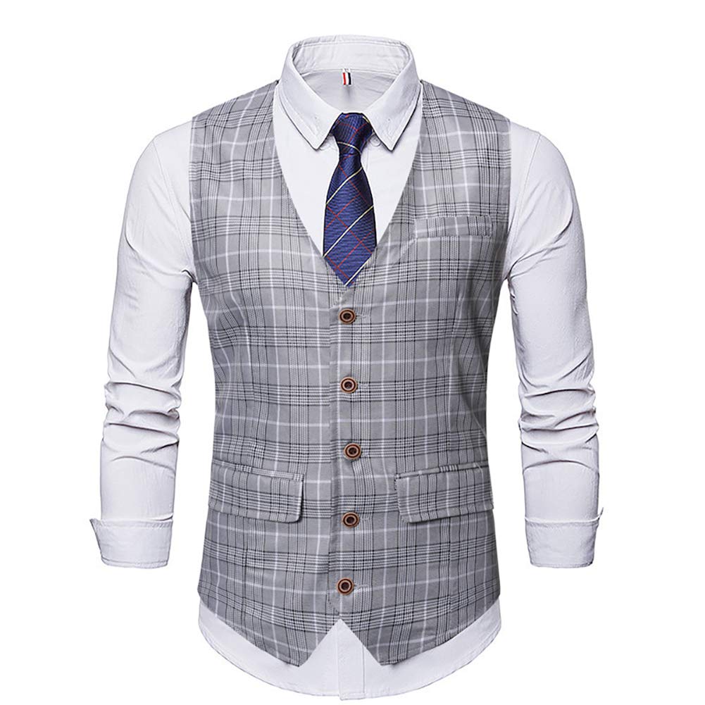 YFFUSHI Mens V-Neck Plaid Slim Fit Formal Single Breasted Vest Waistcoat 5 Buttons Gray