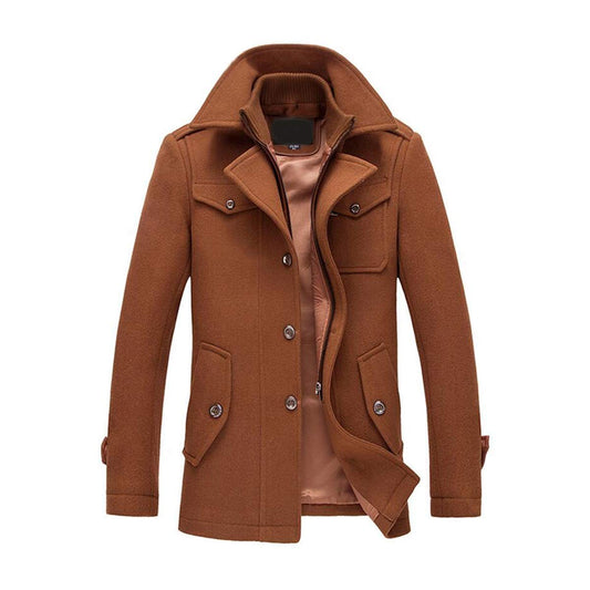 YFFUSHI Men's Winter Wool Trench Coat Fleece Blend Stylish Single Breasted Warm Peacoat Brown