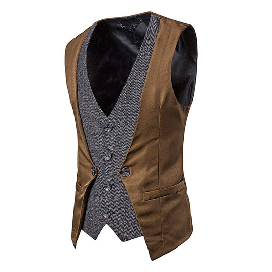 YFFUSHI Men's Layered Herringbone Suit Vest Waistcoat Coffee