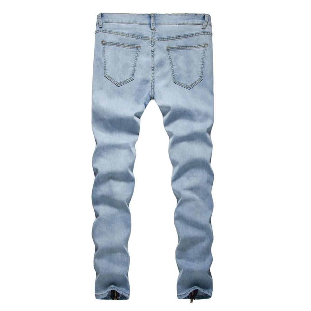 YFFUSHI Mens Ripped Stretch Jeans Distressed Holes Comfy with Zipper Slim Fit Denim Pants Light Blue