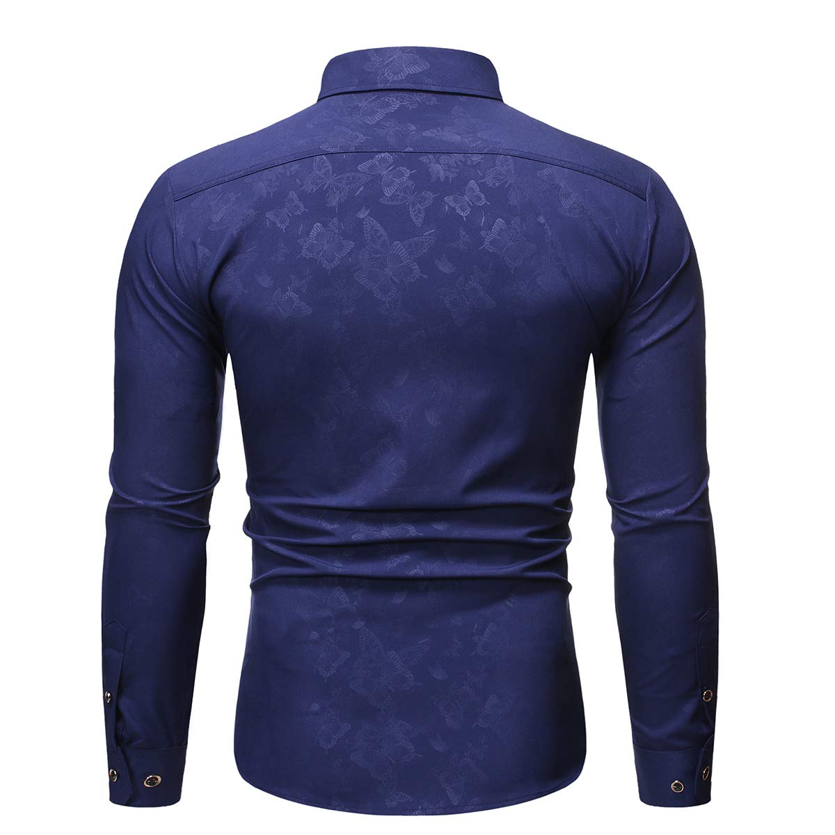 YFFUSHI Mens Casual Floral Butterfly Pattern Slim Fit Long Sleeve Button Down Shirt Navy