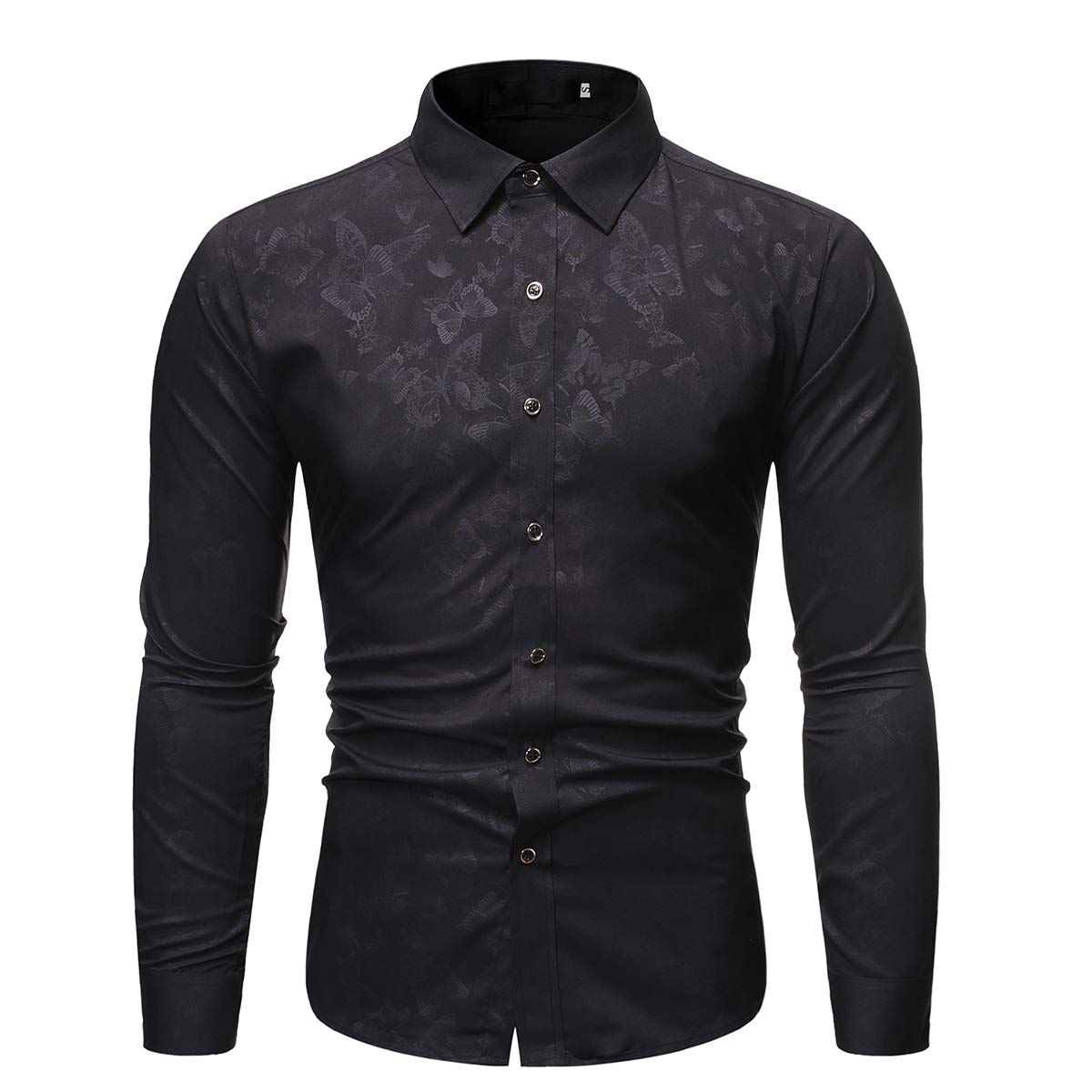 YFFUSHI Mens Casual Floral Butterfly Pattern Slim Fit Long Sleeve Button Down Shirt Black