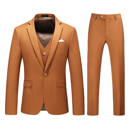 YFFUSHI Mens 3 Piece Dress Suit 1 Button Formal Casual Tux Vest Trousers Caramel