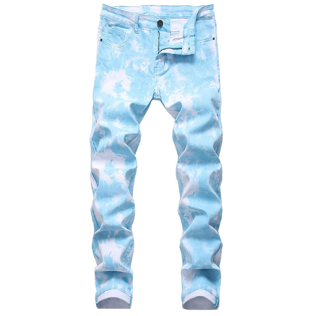 YFFUSHI Men's Clasic Straight Leg Ripped Distressed Stretch Jeans Pants Light Blue