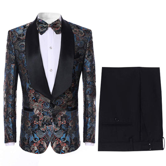 YFFUSHI Men's 2 Piece Suit Floral Dress Suit Slim Fit Shawl Collar Wedding Party Blazer Pants Sets