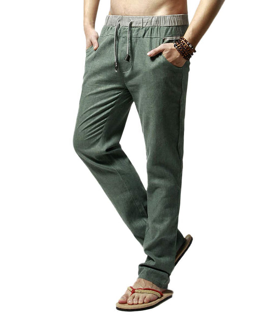 YFFUSHI Men's Drawstring Pants Linen Elastic Waist Trousers Straight Pants Army Green