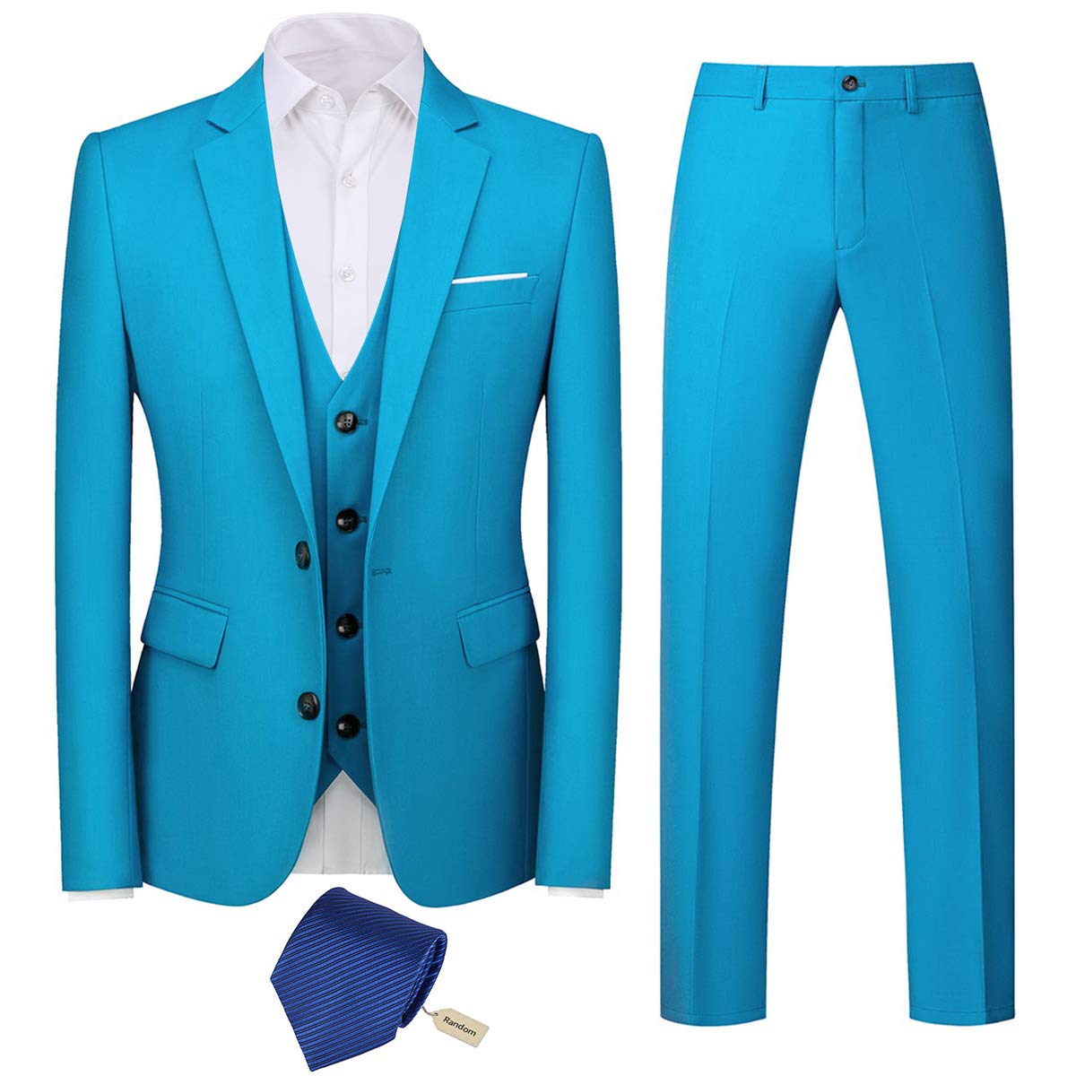 YFFUSHI Mens 3 Piece Suits Slim Fit 2 Buttons Business Wedding Formal Light Blue