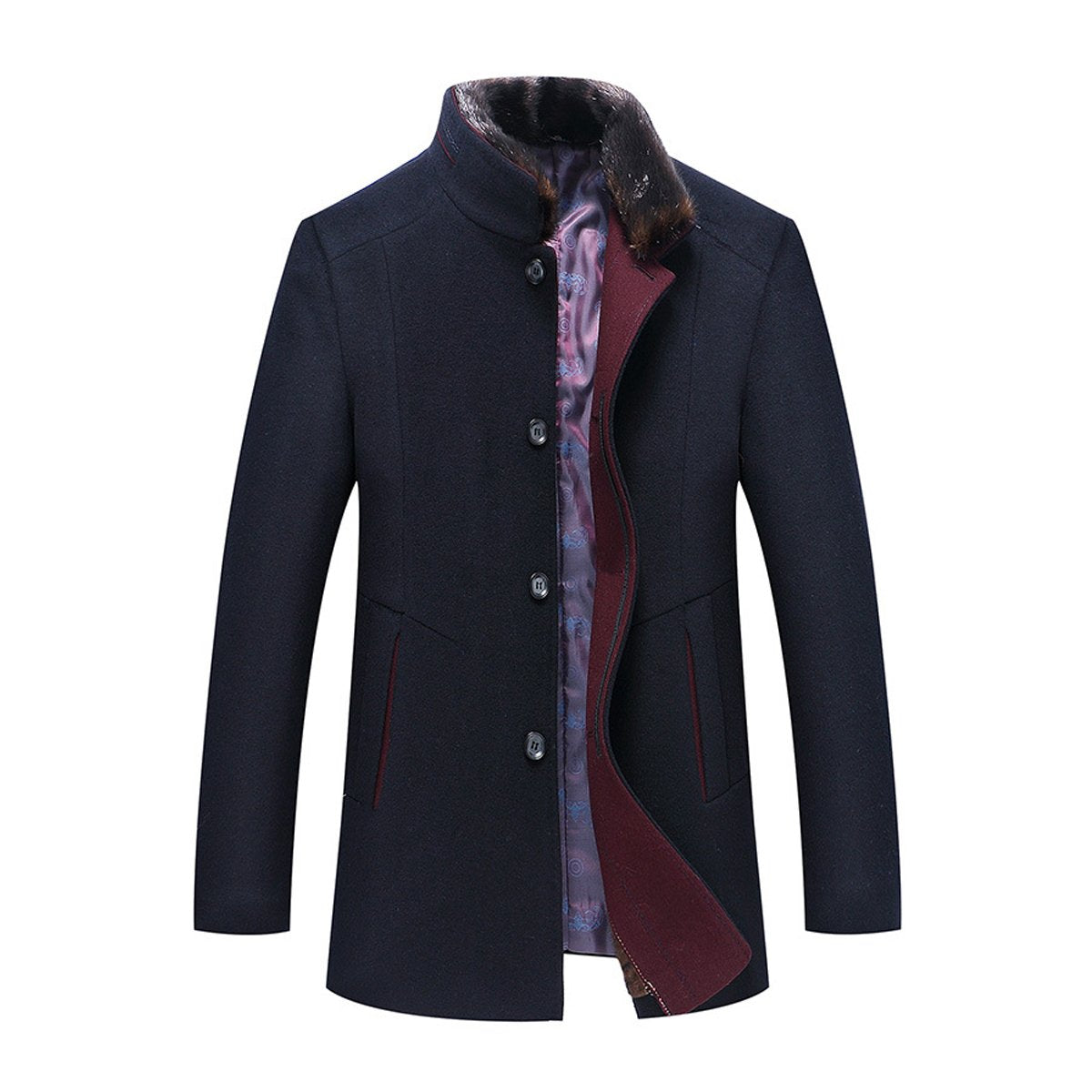 YFFUSHI Mens Wool Blend Coat Thick Warm Winter Casual Overcoat with Removable Fur Collar Navy