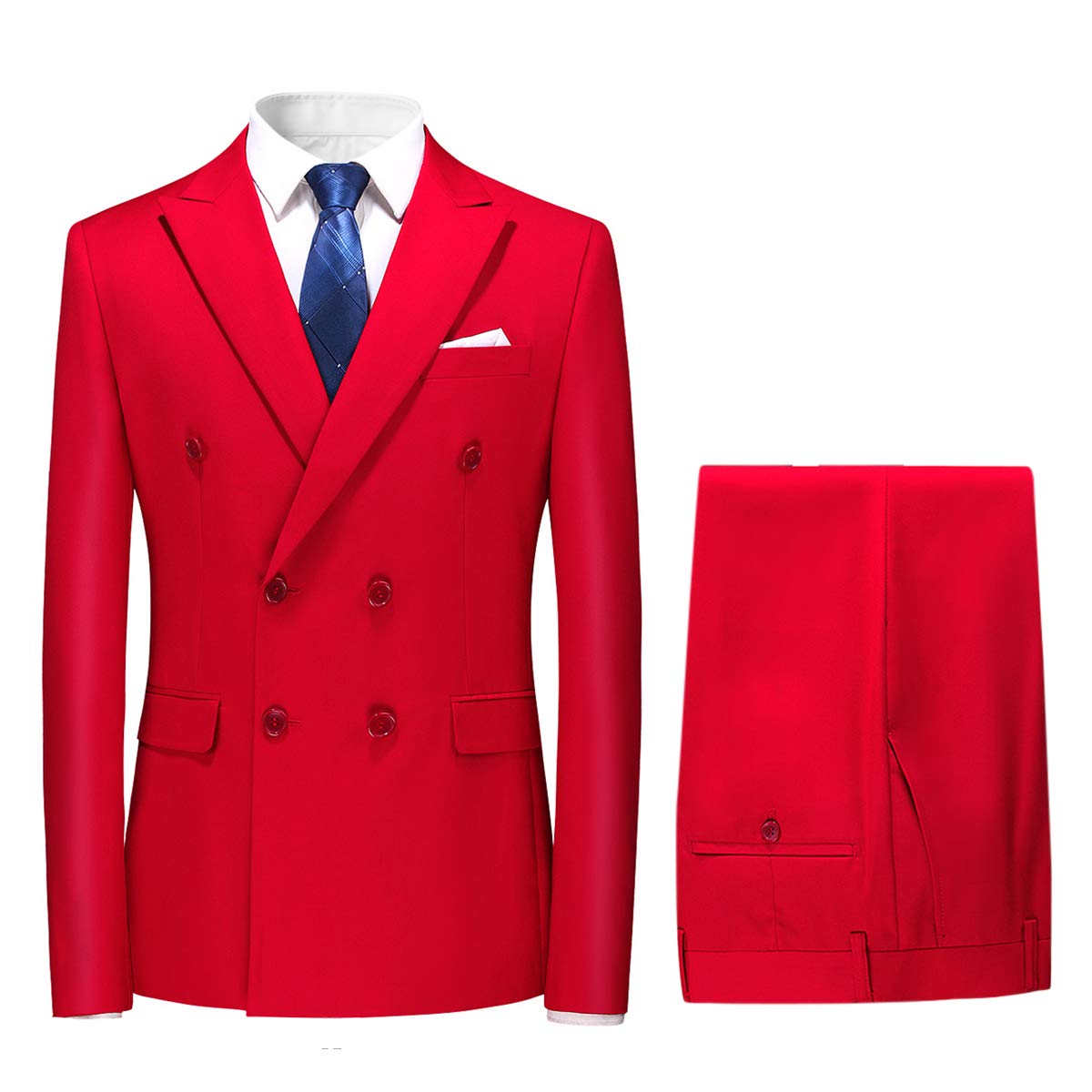 YFFUSHI Mens 2 Piece Dress Suits Double Breasted Solid Formal Casual Tuxedo Trousers Set Red