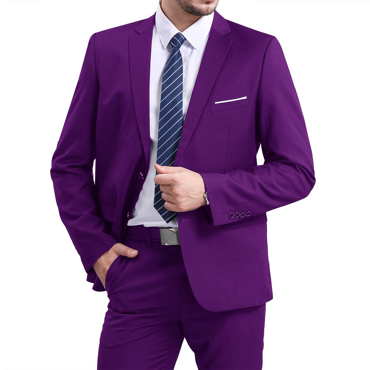 YFFUSHI Mens Slim Fit Blazer Two-Button Casual Suit Jacket Purple