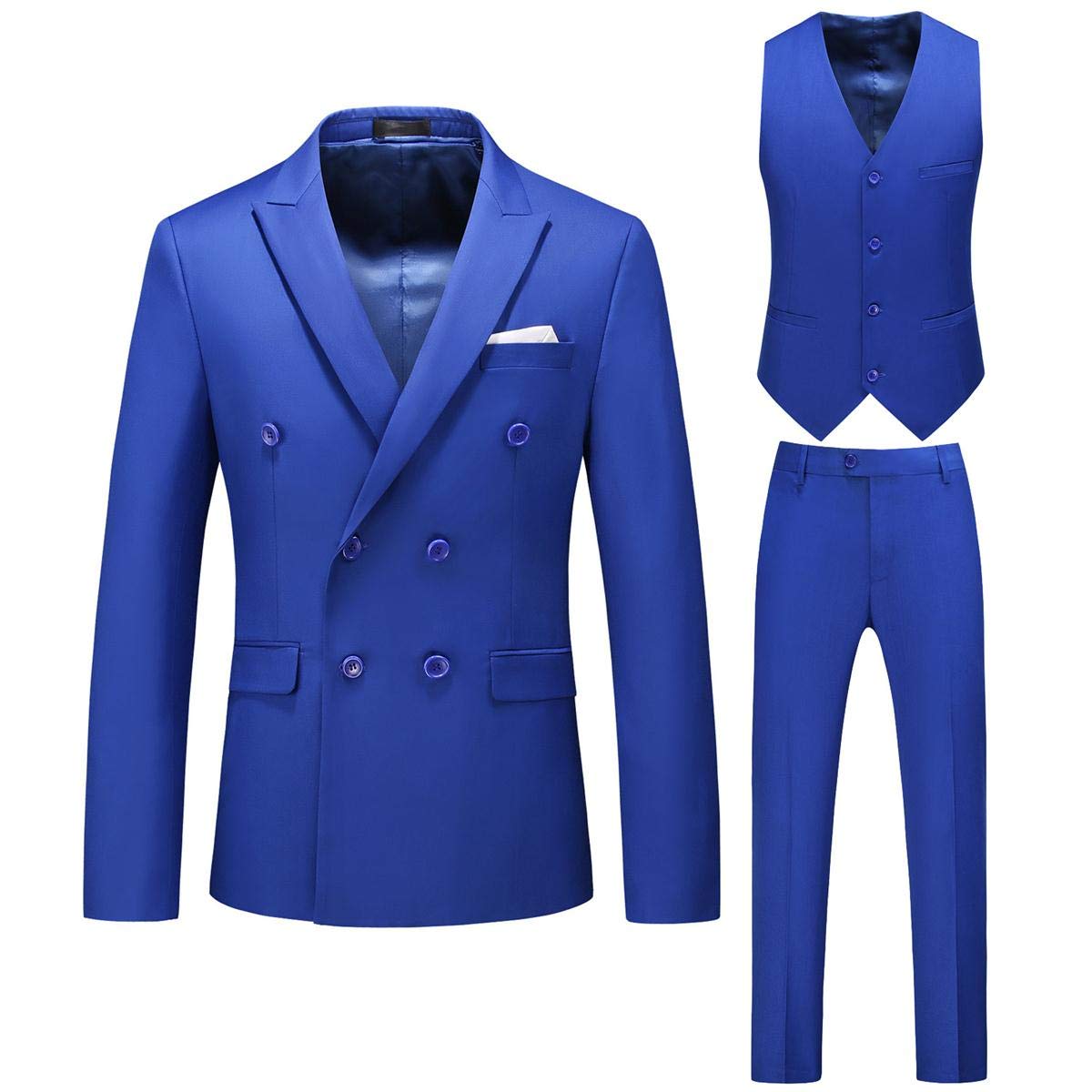 YFFUSHI Mens Double Breasted 3 Piece Suits Slim Fit Dress Business Formal Casual Suit Set Blue