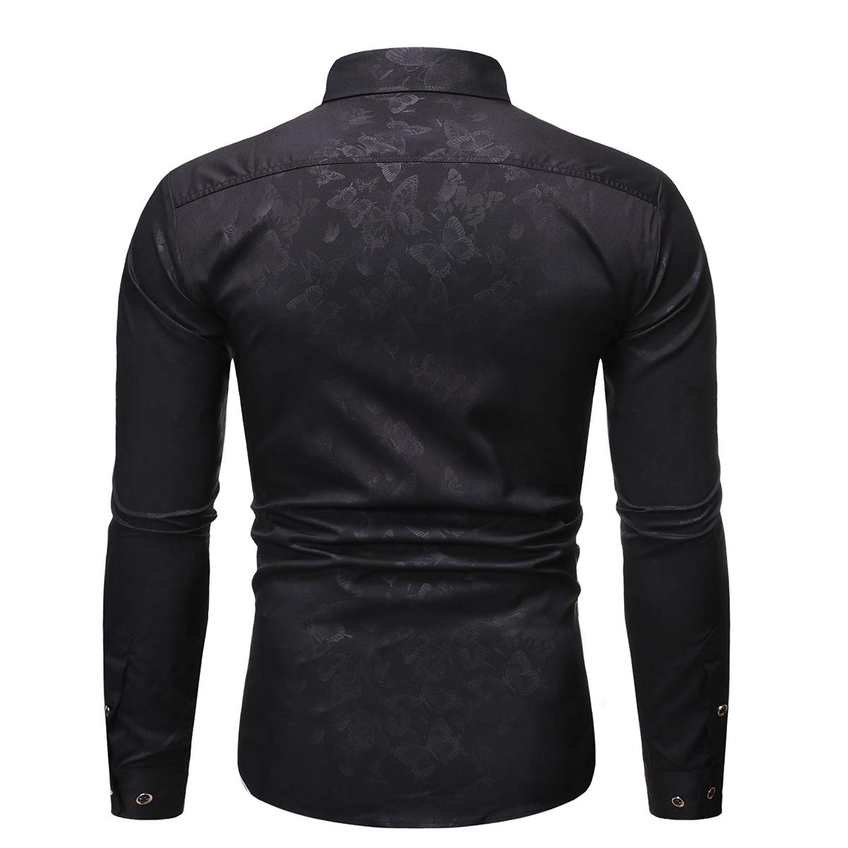 YFFUSHI Mens Casual Floral Butterfly Pattern Slim Fit Long Sleeve Button Down Shirt Black