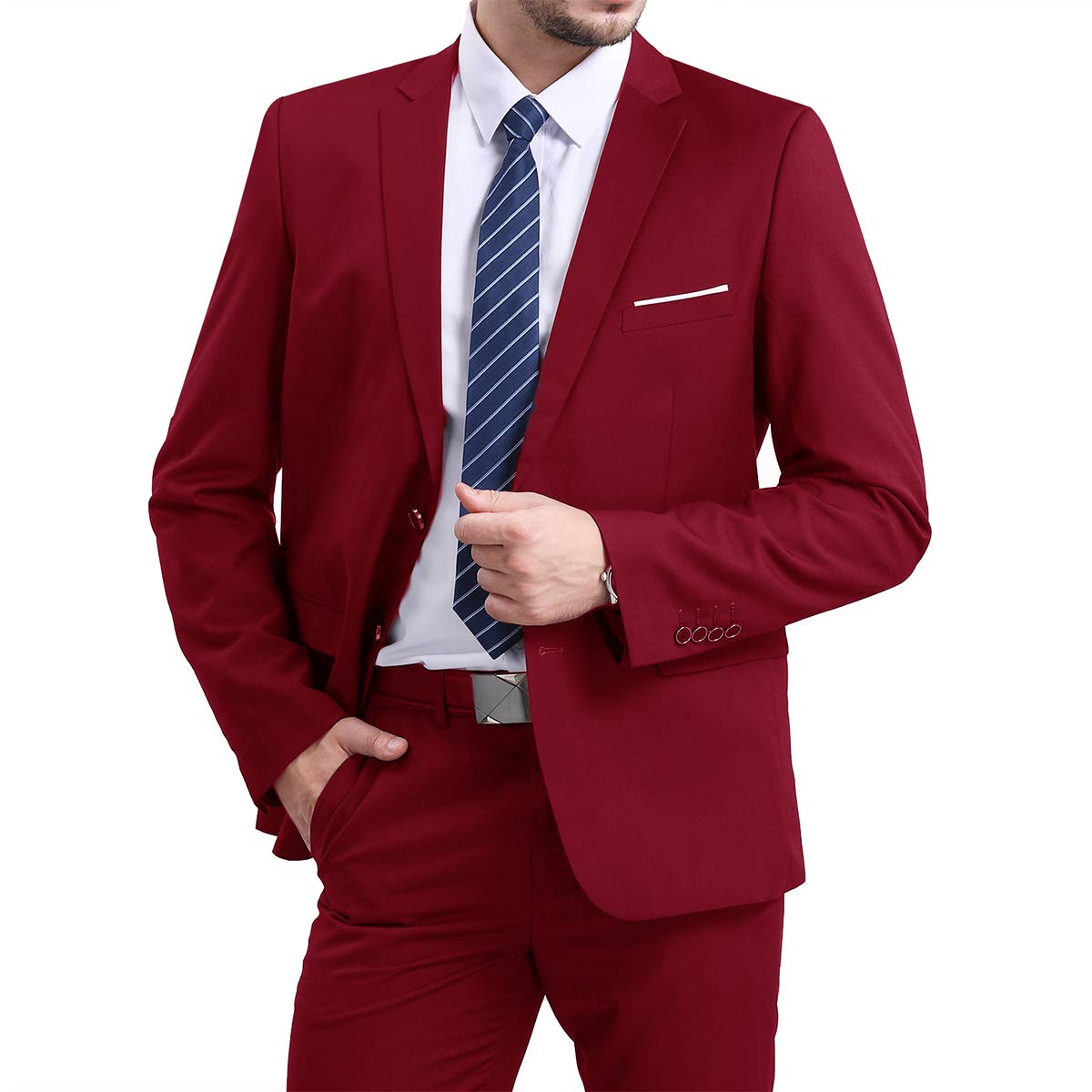 YFFUSHI Mens Slim Fit Blazer Two-Button Casual Suit Jacket Wine Red