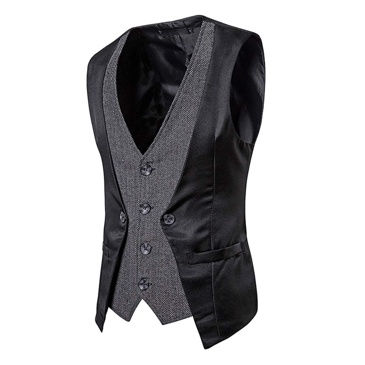 YFFUSHI Men's Layered Herringbone Suit Vest Waistcoat Black