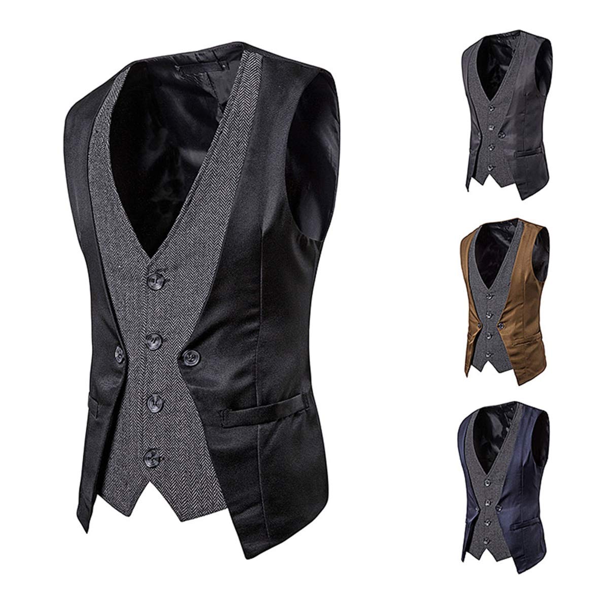 YFFUSHI Men's Layered Herringbone Suit Vest Waistcoat Black