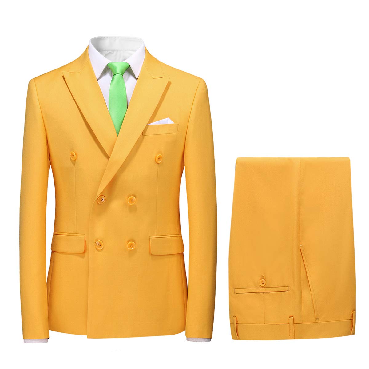 YFFUSHI Mens 2 Piece Dress Suits Double Breasted Solid Formal Casual Tuxedo Trousers Set Yellow