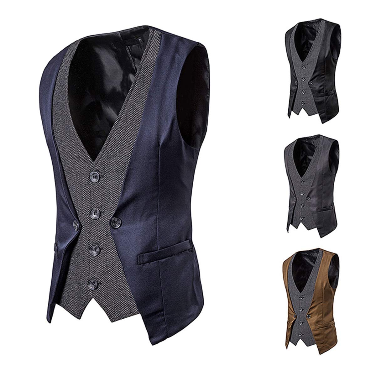 YFFUSHI Men's Layered Herringbone Suit Vest Waistcoat Navy