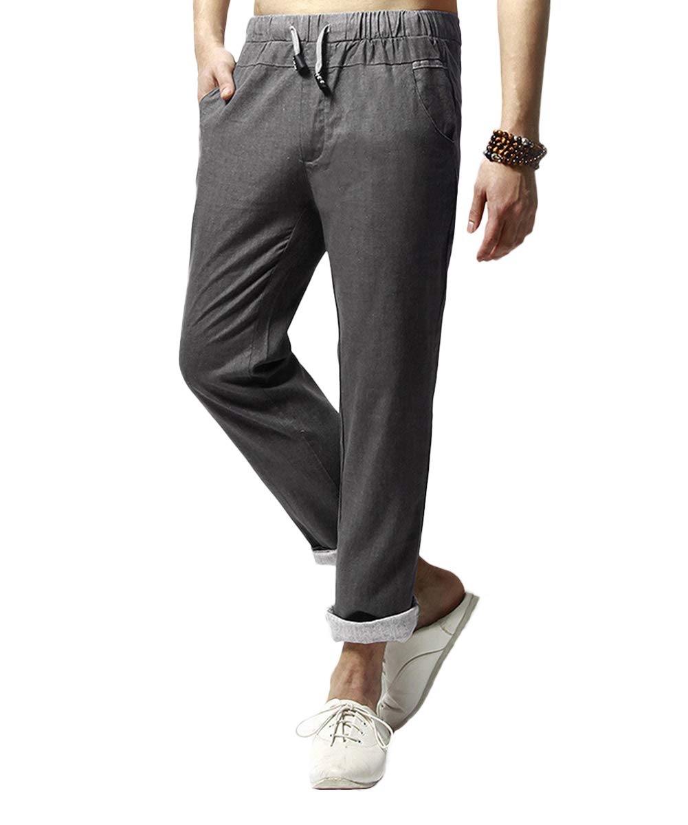 YFFUSHI Men's Drawstring Pants Linen Elastic Waist Trousers Straight Pants Black Gray