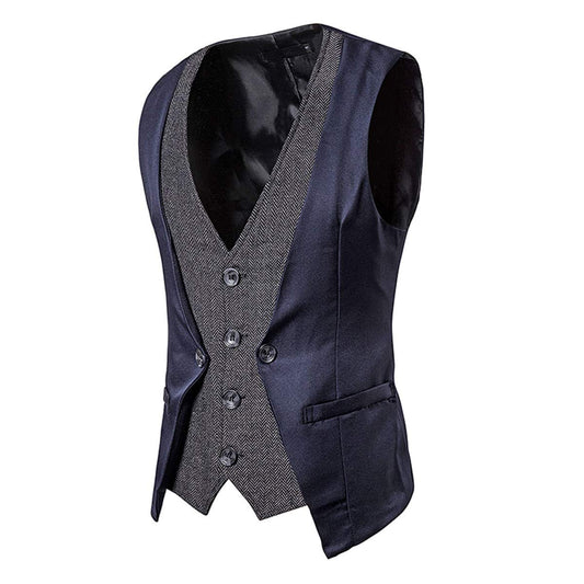 YFFUSHI Men's Layered Herringbone Suit Vest Waistcoat Navy