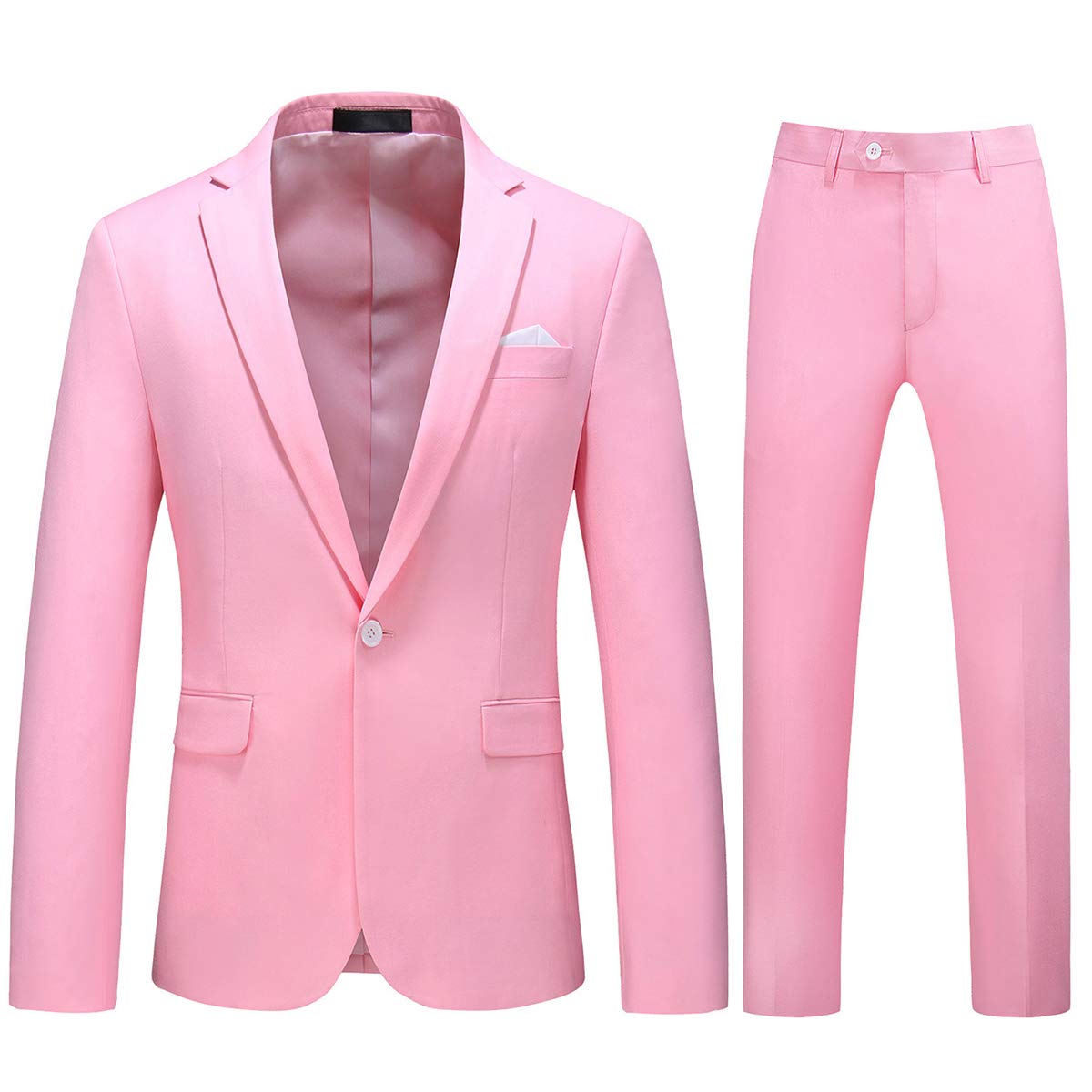 YFFUSHI Mens 2 Piece Suits 1 Button Slim Fit Notched Lapel Solid Formal Jacket Pants Set Pink