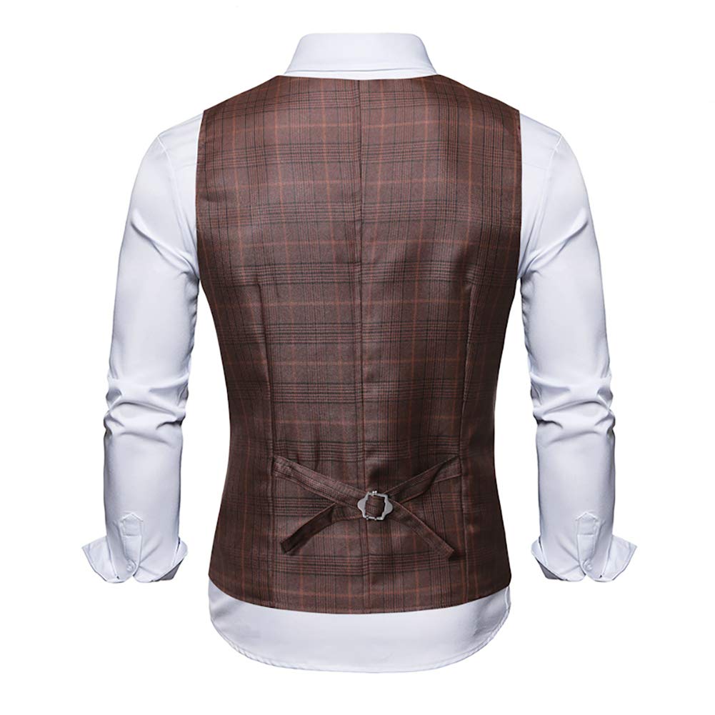 YFFUSHI Mens Vests V-Neck Plaid Slim Fit Single Breasted Waistcoat 3 Buttons Brown