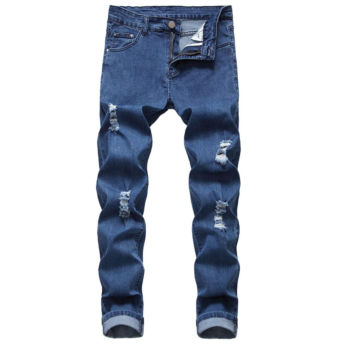 YFFUSHI Mens Ripped Distressed Stretch Jeans Pants Skinny Slim Fit Straight Leg Fashion Pants Blue 2