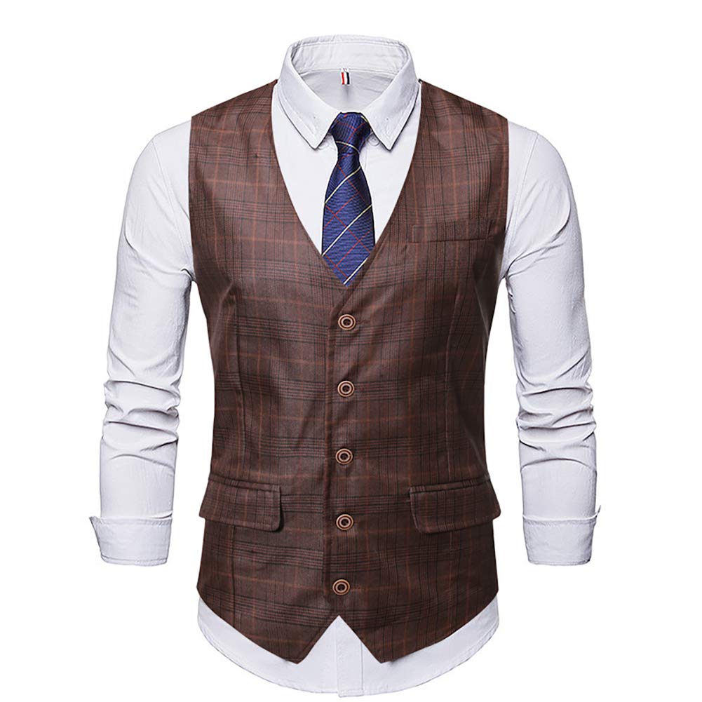 YFFUSHI Mens V-Neck Plaid Slim Fit Formal Single Breasted Vest Waistcoat 5 Buttons Brown