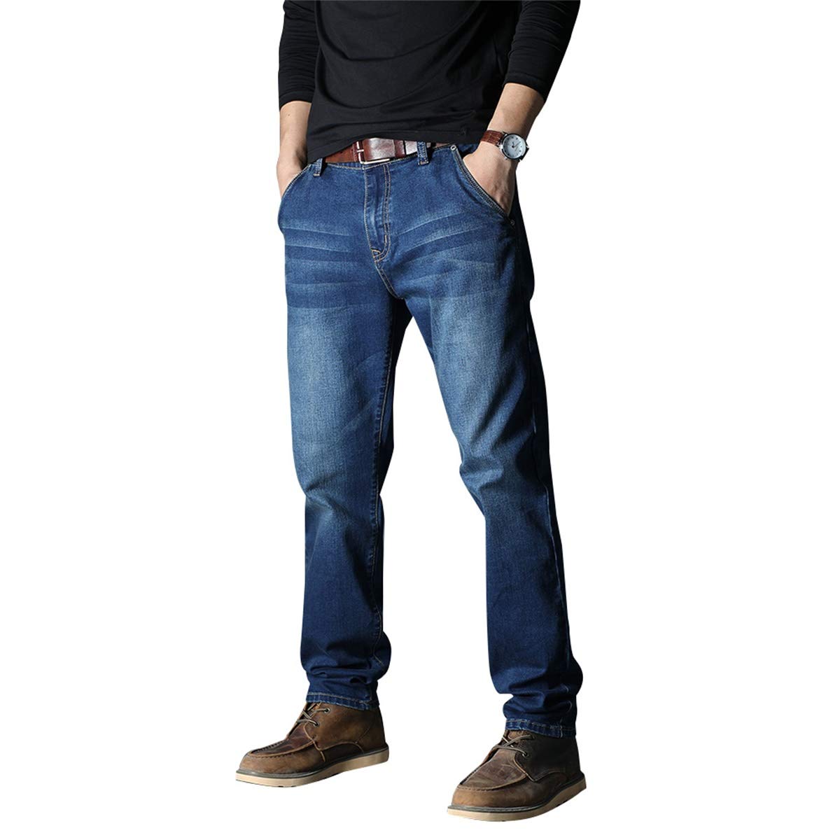 YFFUSHI Mens Regular Fit Stretch Jeans Cotton Comfort Flex Classic Straight Fit Denim Jeans Blue