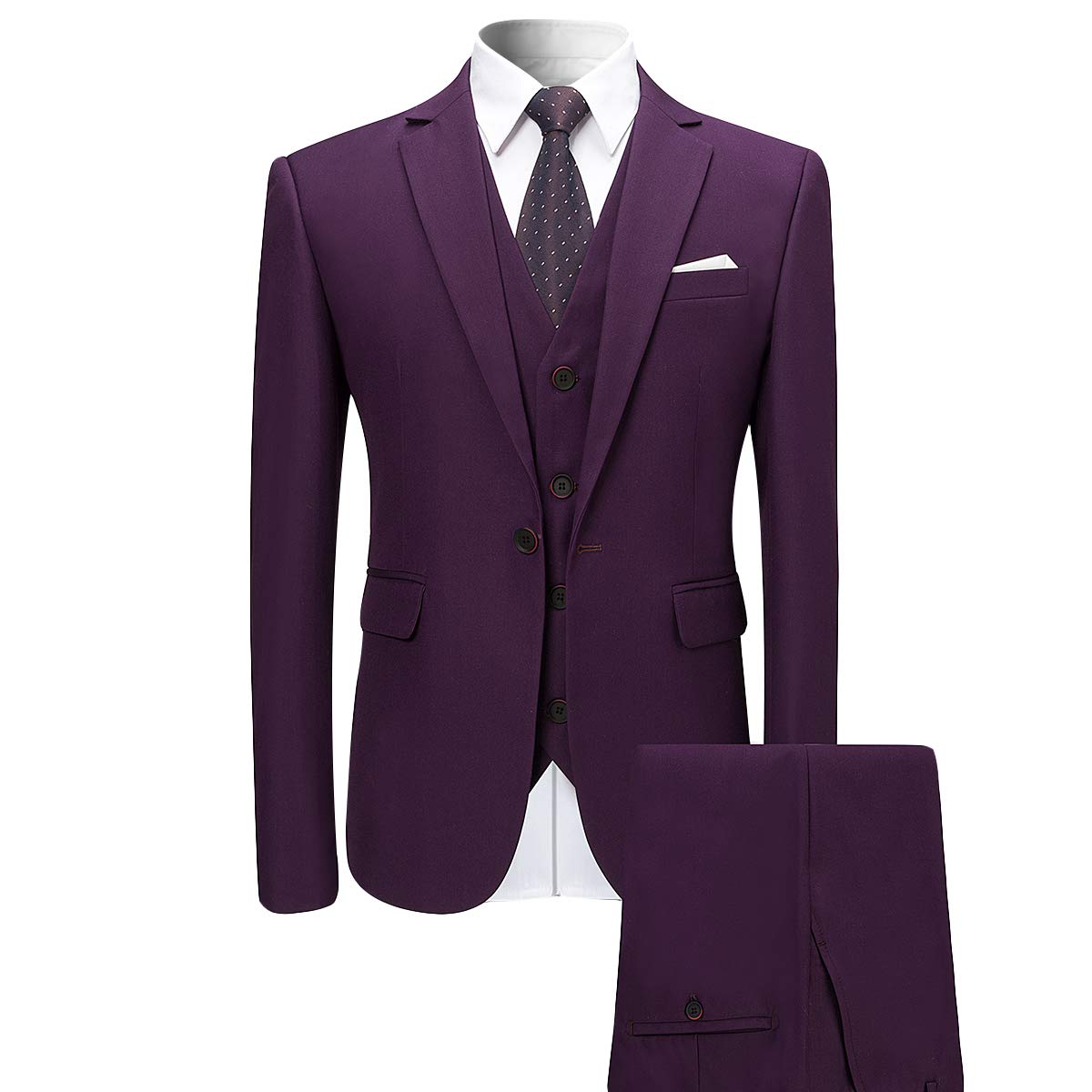 YFFUSHI Mens Slim Fit Classic Fit One Button 3-Piece Suits Purple