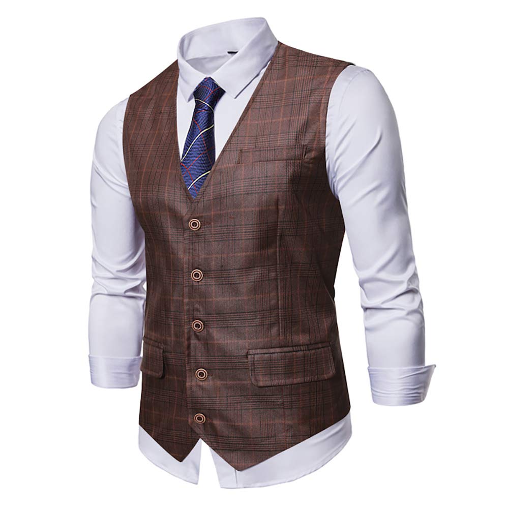 YFFUSHI Mens V-Neck Plaid Slim Fit Formal Single Breasted Vest Waistcoat 5 Buttons Brown