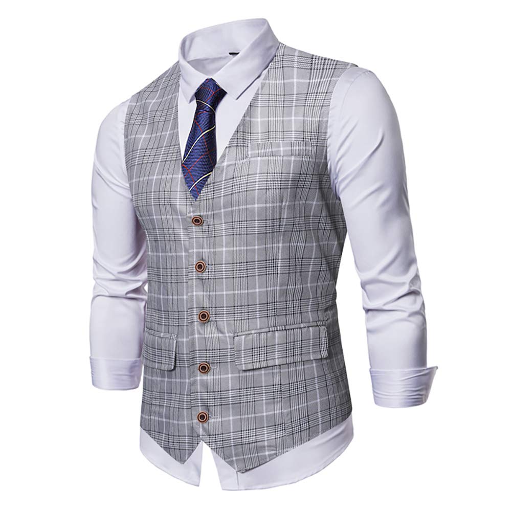 YFFUSHI Mens V-Neck Plaid Slim Fit Formal Single Breasted Vest Waistcoat 5 Buttons Gray