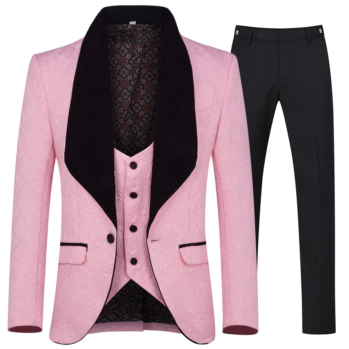 YFFUSHI Men's 3 Piece Suit Jacquard Tuxedo One Button Shawl Collar Pink