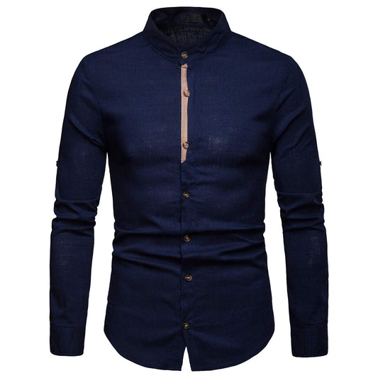 YFFUSHI Mens Long Sleeve Linen Shirts Standard fit Solid Color Casual Button Down Shirts Navy