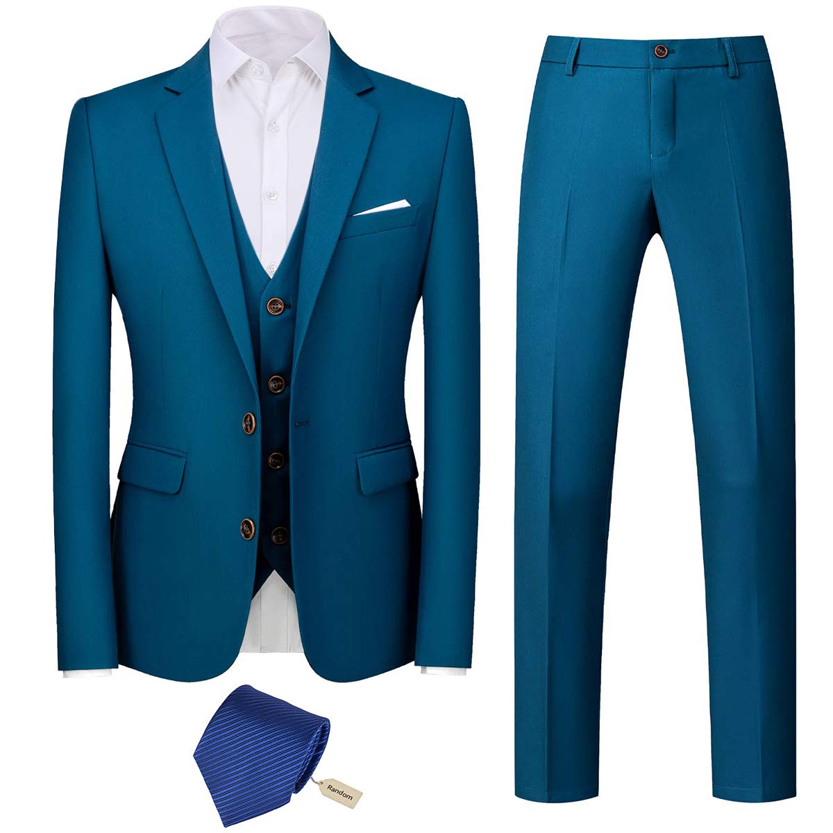 YFFUSHI Mens 3 Piece Suits Slim Fit 2 Buttons Business Wedding Formal Teal Blue