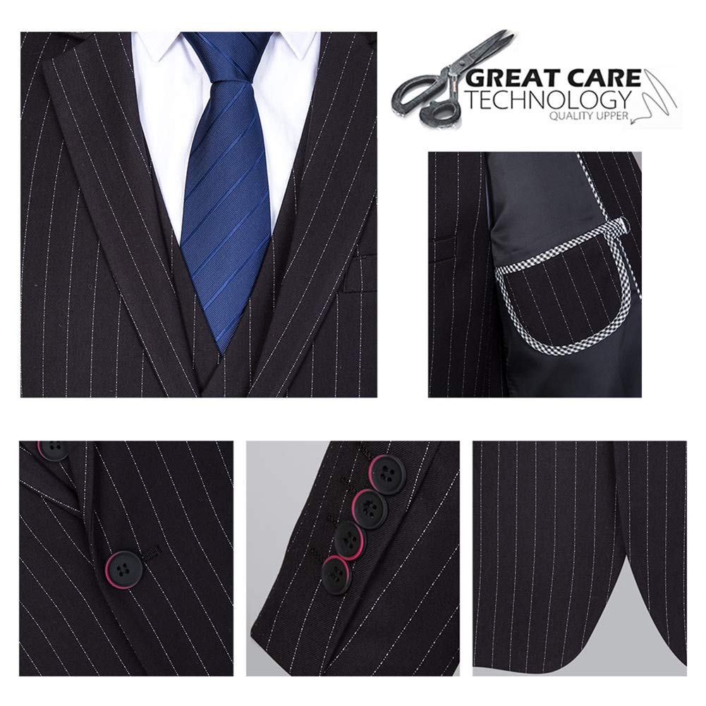 Mens Black Formal Pinstripe Slim Fit Notched Lapel 3 Piece Suit