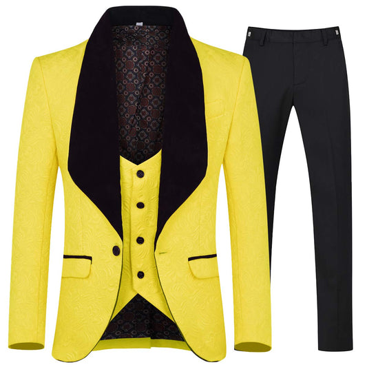 YFFUSHI Men's 3 Piece Suit Jacquard Tuxedo One Button Shawl Collar Yellow