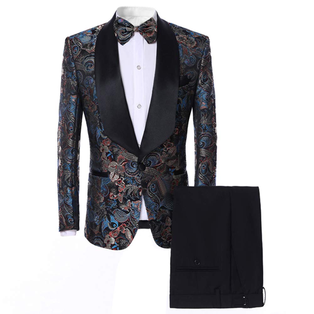 YFFUSHI Men's 2 Piece Suit Floral Dress Suit Slim Fit Shawl Collar Wedding Party Blazer Pants Sets