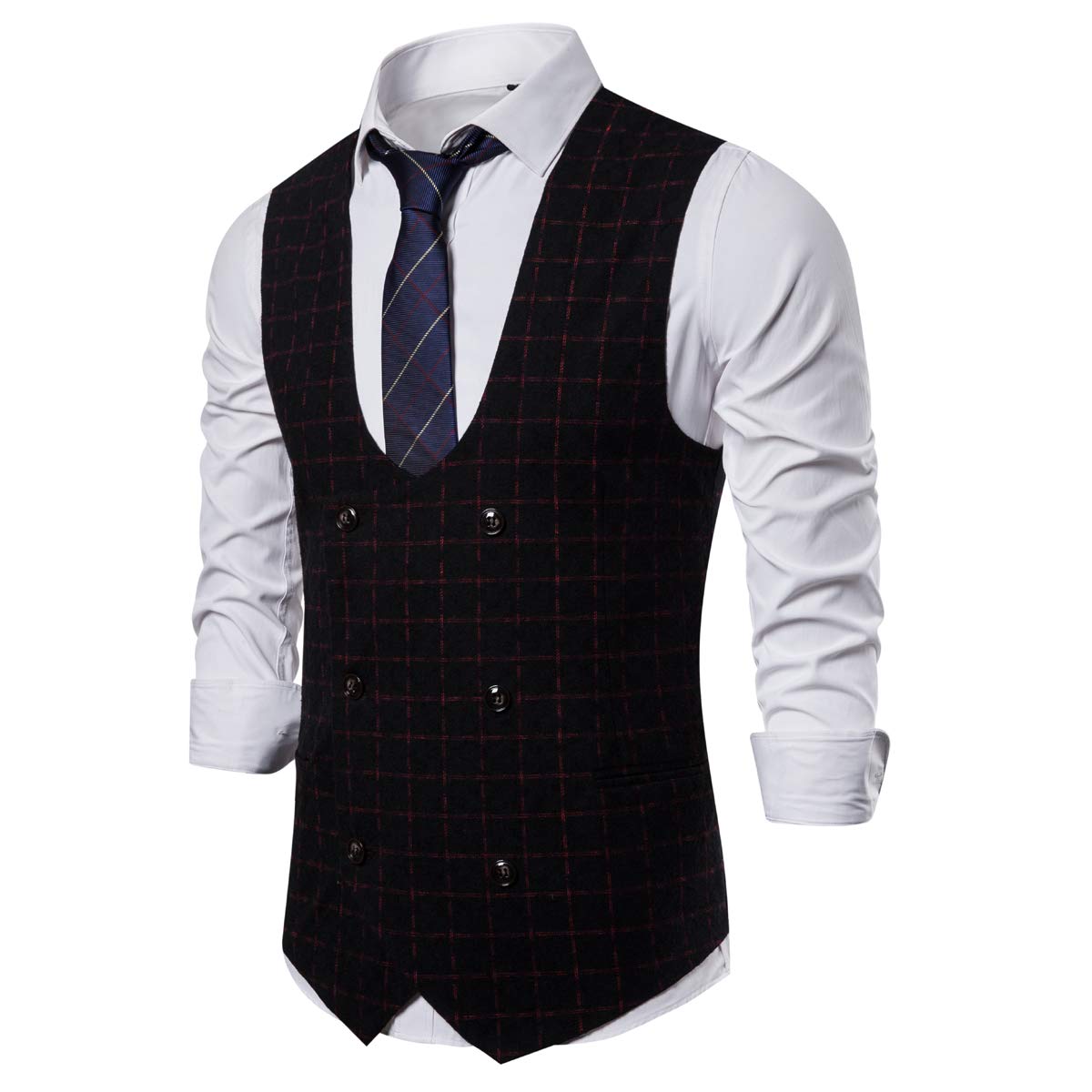 YFFUSHI Mens U Neck Vest Slim Fit Double Breasted Vest Waistcoat Black&red