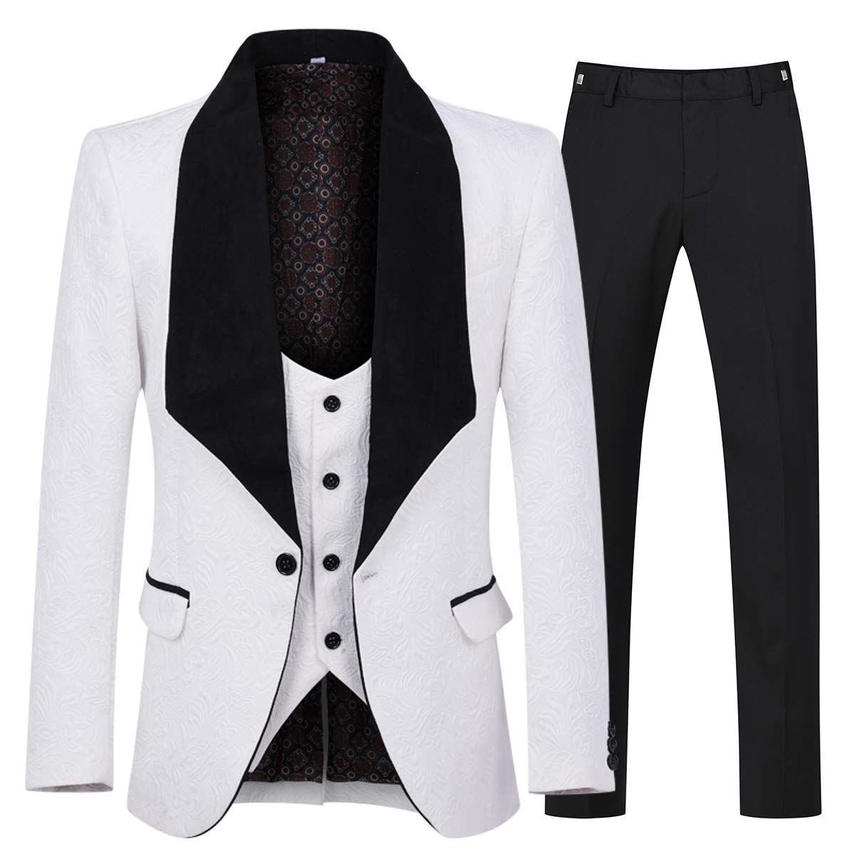 YFFUSHI Men's 3 Piece Suit Jacquard Tuxedo One Button Shawl Collar White