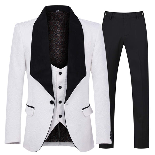 YFFUSHI Men's 3 Piece Suit Jacquard Tuxedo One Button Shawl Collar White