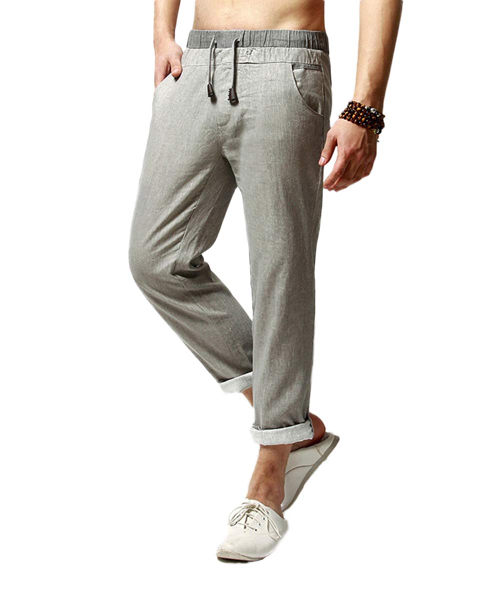 YFFUSHI Men's Drawstring Pants Linen Elastic Waist Trousers Straight Pants Light Gray