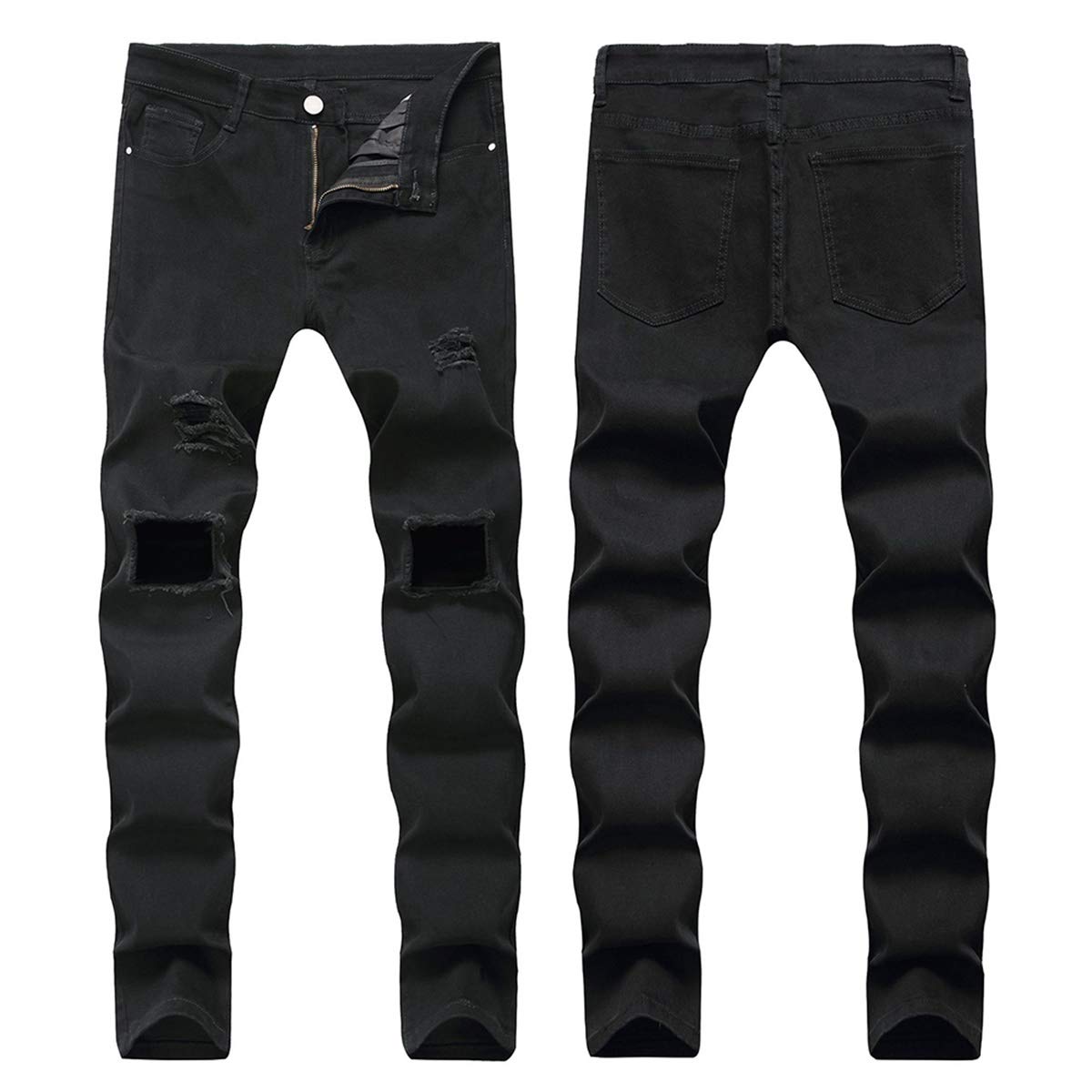 YFFUSHI Men's Ripped Distressed Destroyed Slim Fit Elastic Straight Leg Unique Fold Denim Jeans Black 1