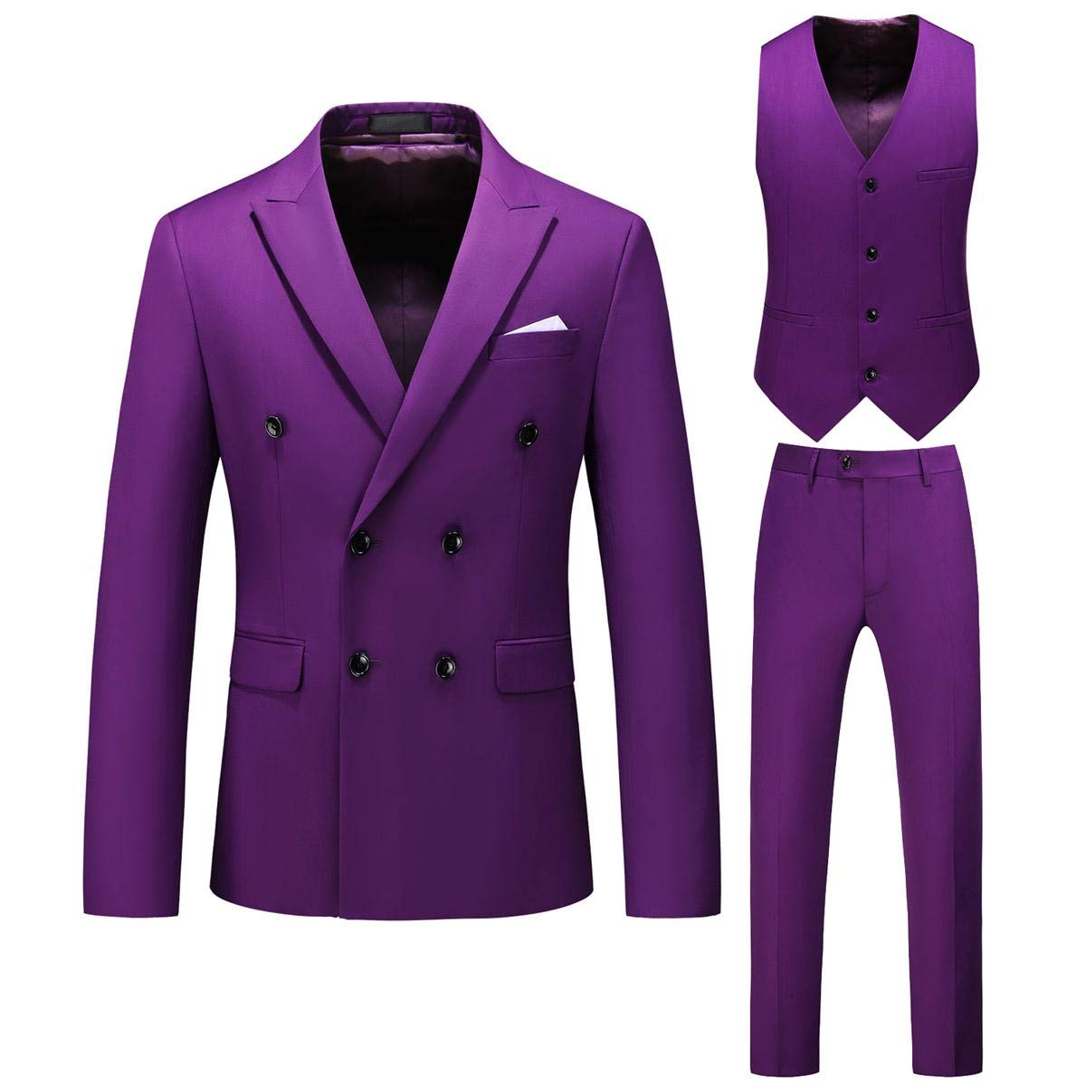 YFFUSHI Mens Double Breasted 3 Piece Suits Slim Fit Dress Business Formal Casual Suit Set Purple