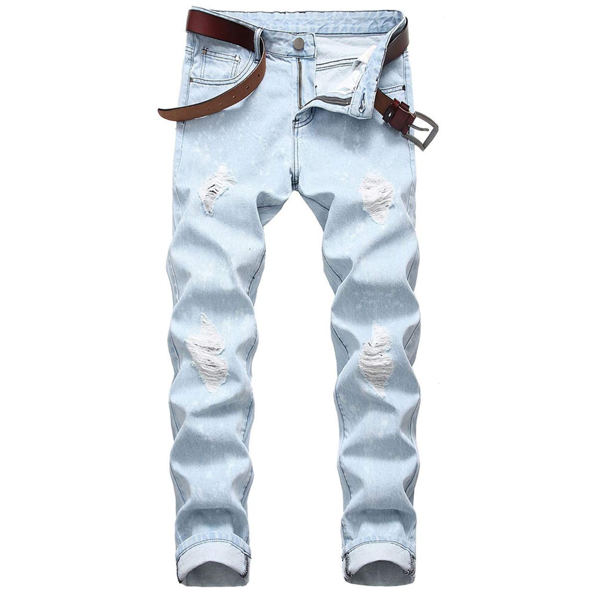 YFFUSHI Mens Ripped Distressed Stretch Jeans Pants Skinny Slim Fit Straight Leg Fashion Pants Light Blue