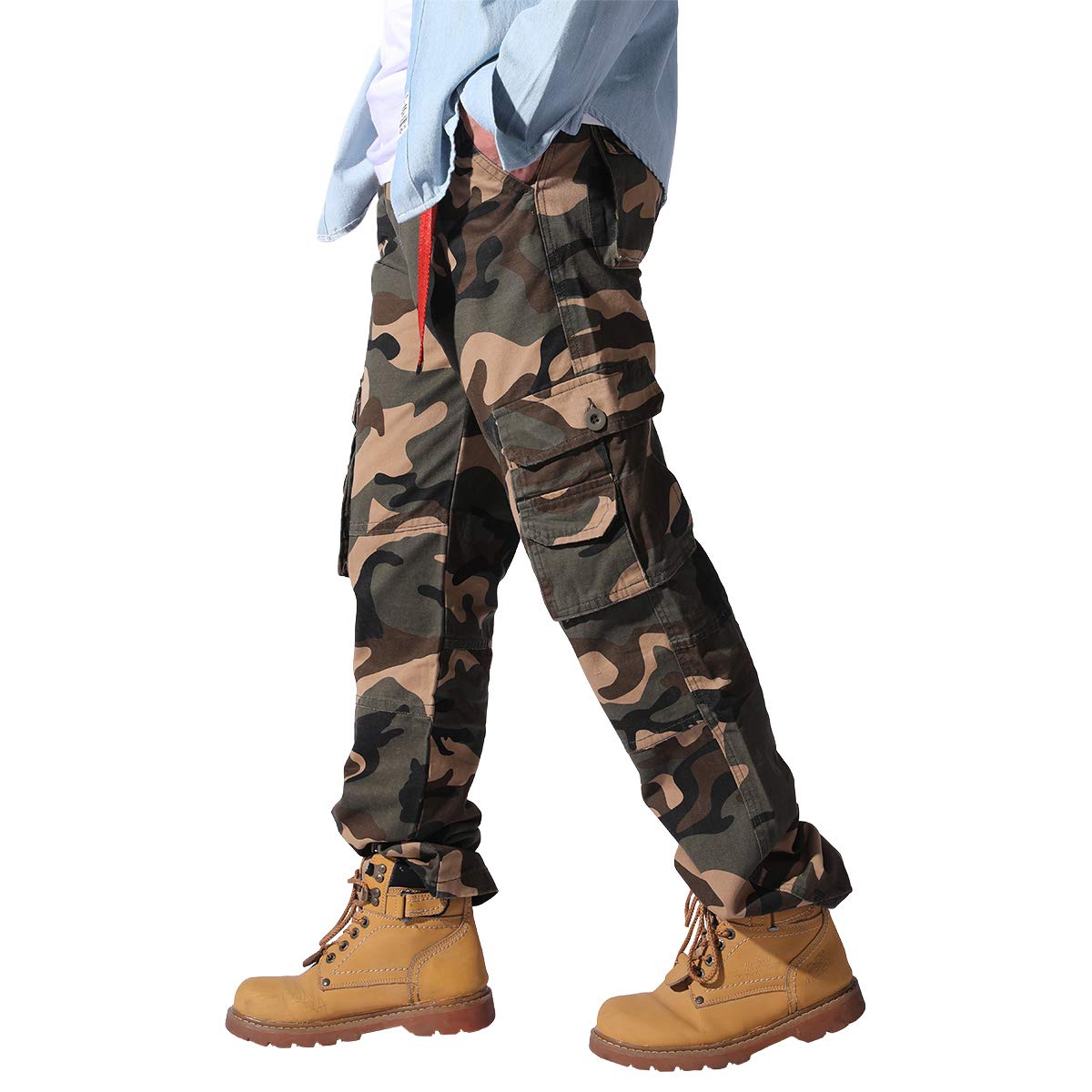 YFFUSHI Mens Camo Cargo Pants Cotton Casual Straight Leg Work Pants with Multi Pockets K18 Camo Green