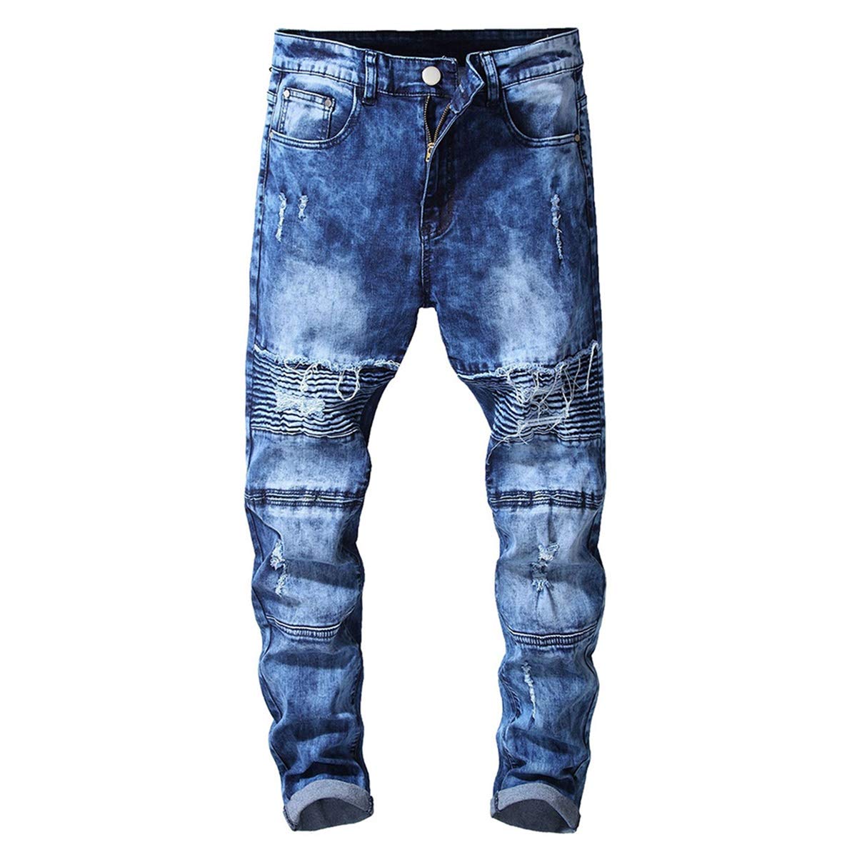 YFFUSHI Men's Distressed Ripped Jeans Long Straight Slim Fit Denim Jeans Casual Pants Trousers Blue 4