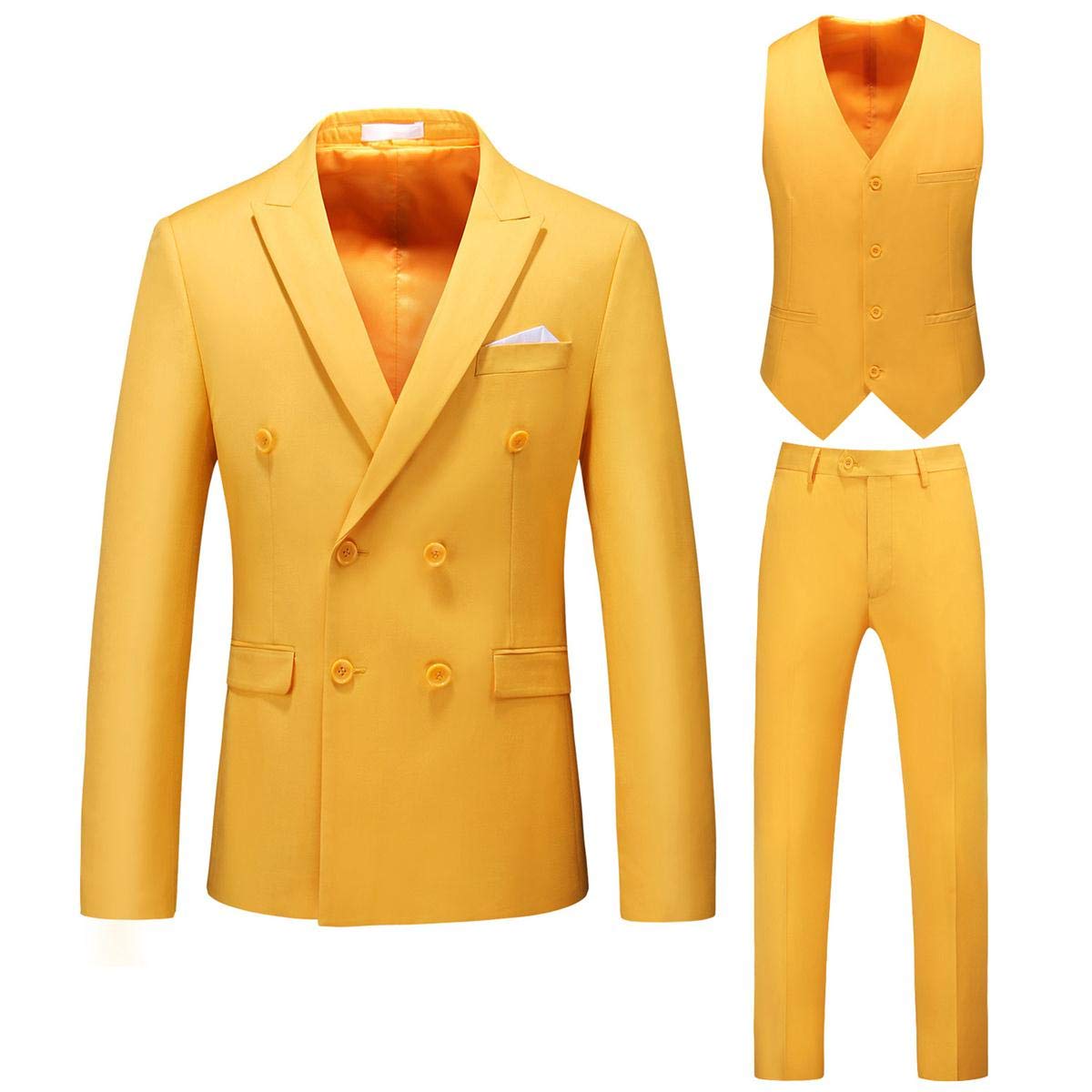 YFFUSHI Mens Double Breasted 3 Piece Suits Slim Fit Dress Business Formal Casual Suit Set Yellow