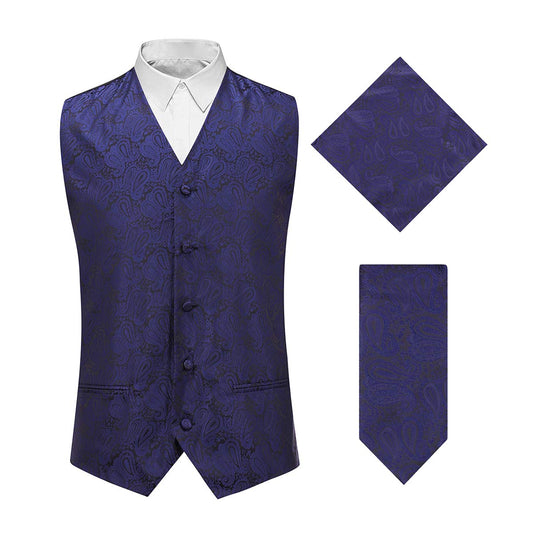 YFFUSHI Men's 3pc Vest Set Floral Waistcoat Necktie Pocket Square Navy