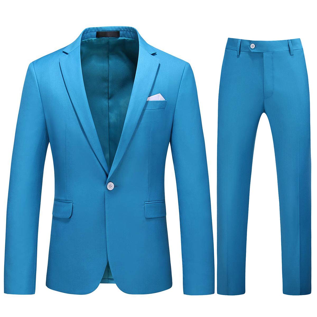 YFFUSHI Mens 2 Piece Suits 1 Button Slim Fit Notched Lapel Solid Formal Jacket Pants Set Blue